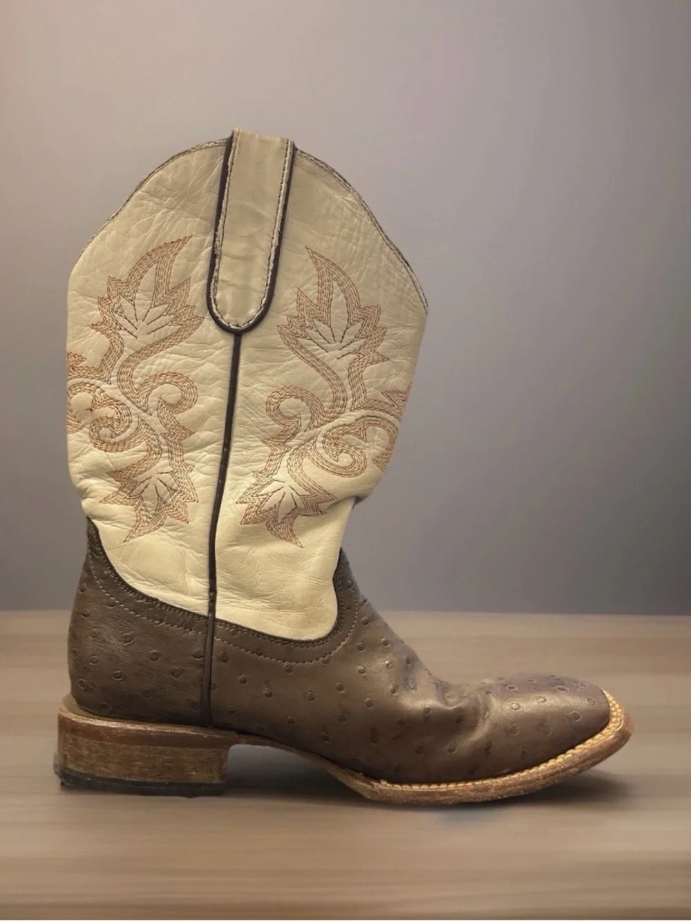 Tanner Mark Two-Tone Brown ostrich print and Cream Western Cowboy Boots